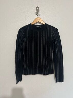 Theory Black Ribbed Crewneck Sweater with Contrast Pinstripes